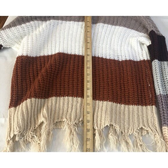 Destructed Sweater Womens  Medium Fringe Chunky Knit Striped Colorblock V-Neck - Picture 7 of 13